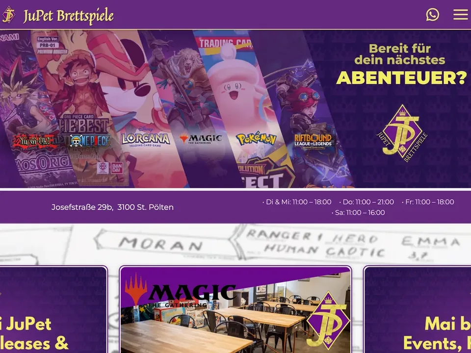 JUPET Brettspiele homepage showing its products and brand