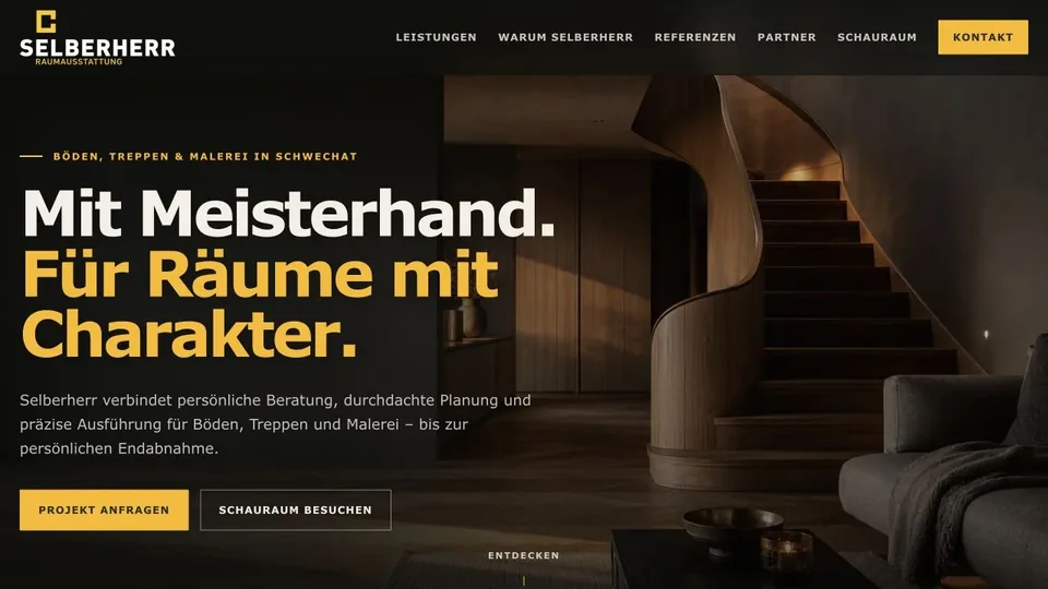 Startseite von Selberherr Raumausstattung mit Treppenmotiv und Leistungsversprechen