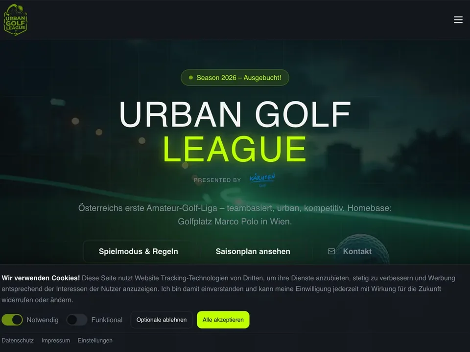 Urban Golf League homepage with navigation and game concept